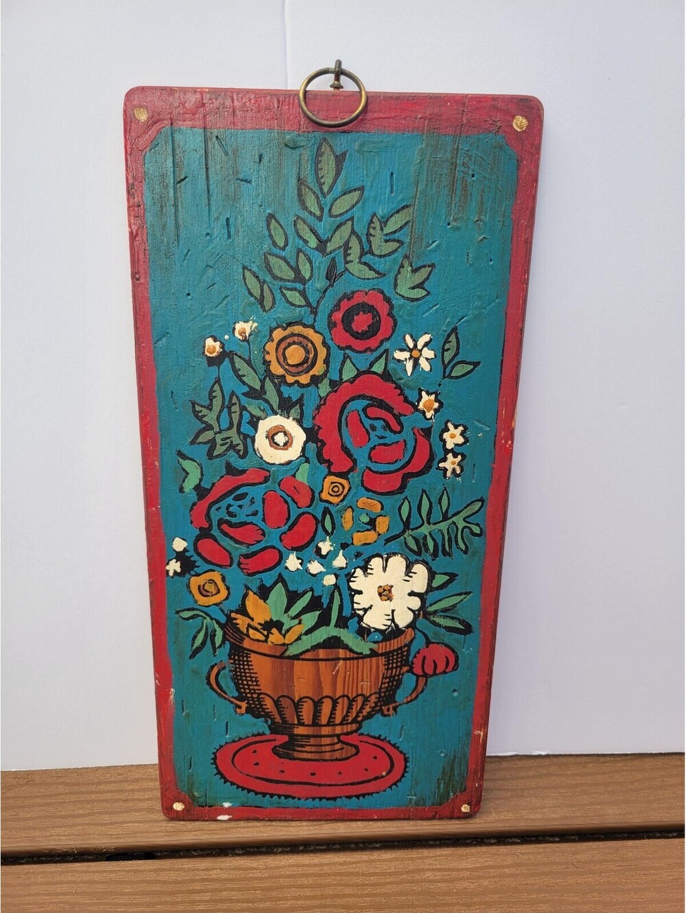 Vtg Folk Art Floral Painting On Rustic Wood Plaque Turquoise Red Signed